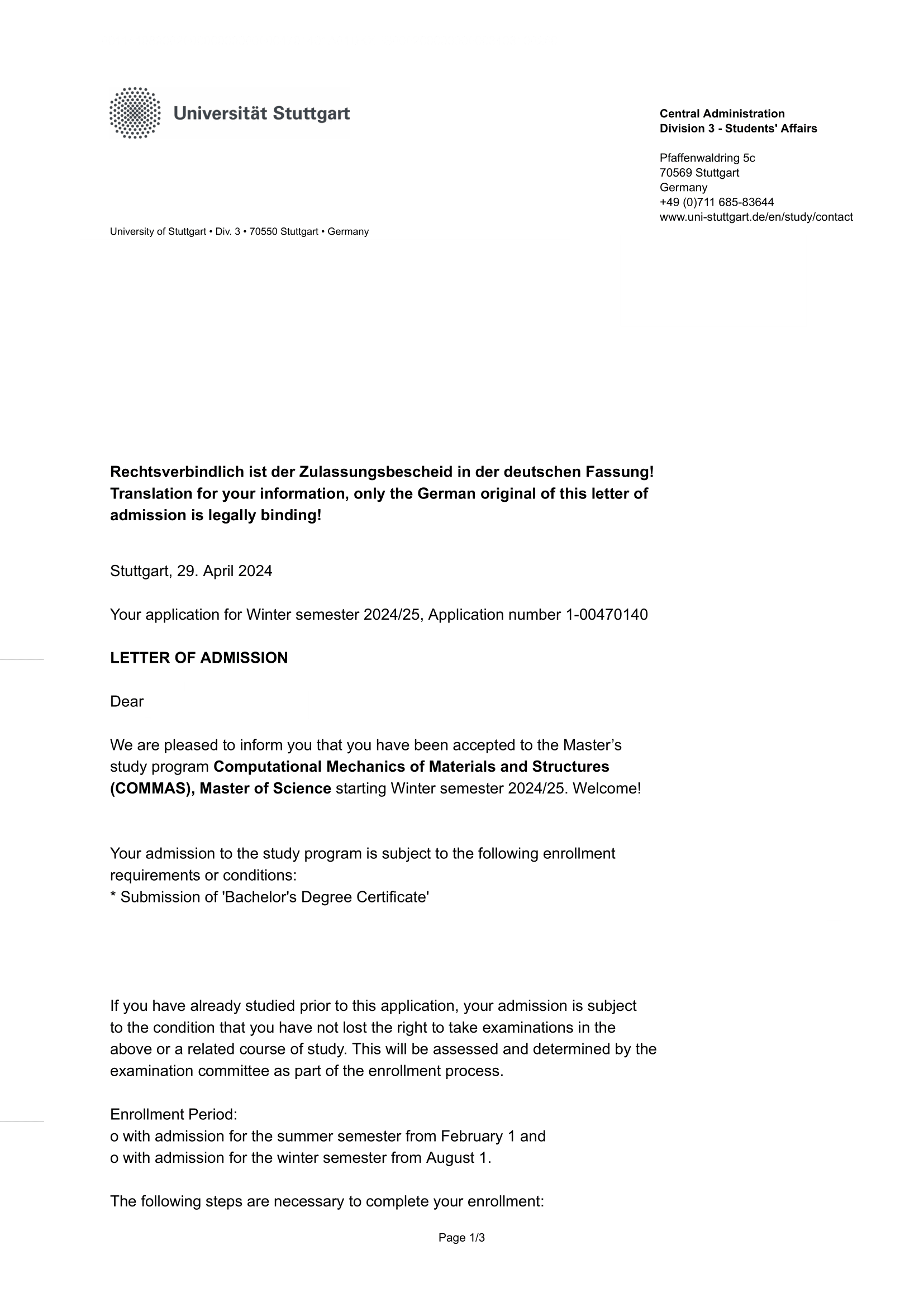 Masters in Computational Mechanics of Materials and Structures - University of Stuttgart, Germany